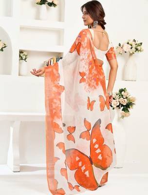 Off white orange & white linen printed ready to wear saree 2