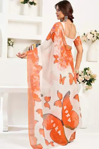 Off white orange & white linen printed ready to wear saree