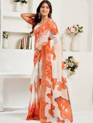Off white orange & white linen printed ready to wear saree 3