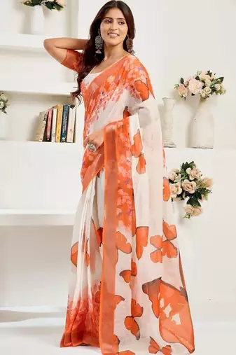 Off white orange & white linen printed ready to wear saree