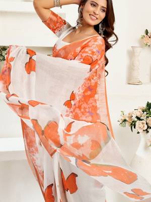 Off white orange & white linen printed ready to wear saree 4