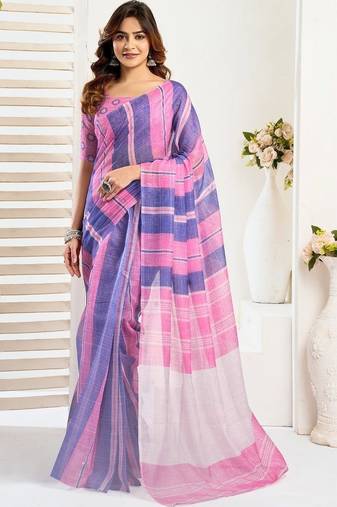 Multicolor lavender linen printed ready to wear saree