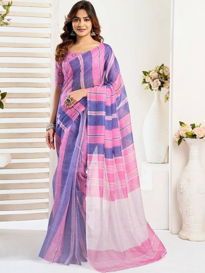 Multicolor lavender linen printed ready to wear saree