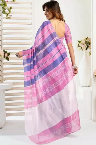 Multicolor lavender linen printed ready to wear saree