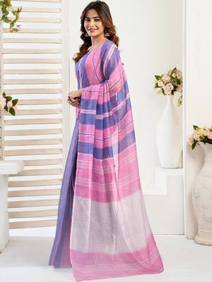 Multicolor lavender linen printed ready to wear saree 3
