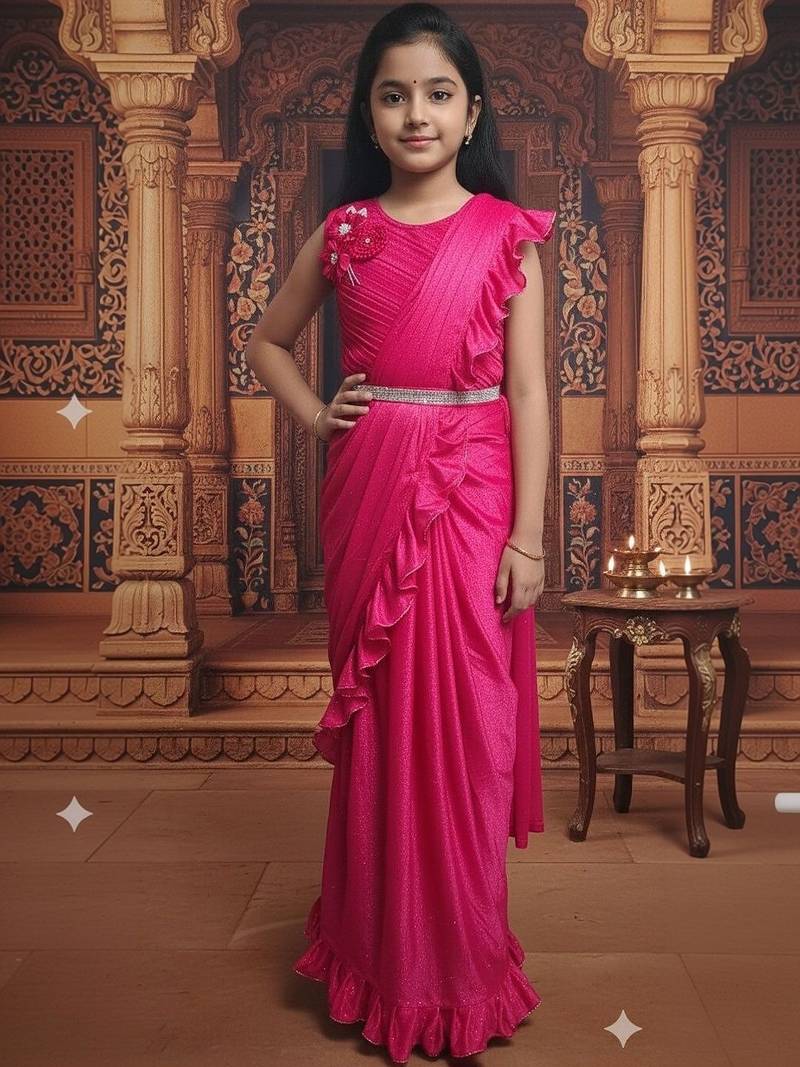Pink girls ready to wear sarees