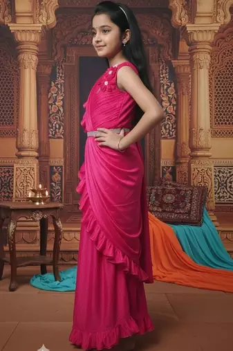 Pink girls ready to wear sarees
