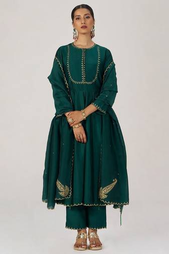 Emerald green raw silk festive kurta set