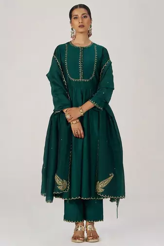 Emerald green raw silk festive kurta set