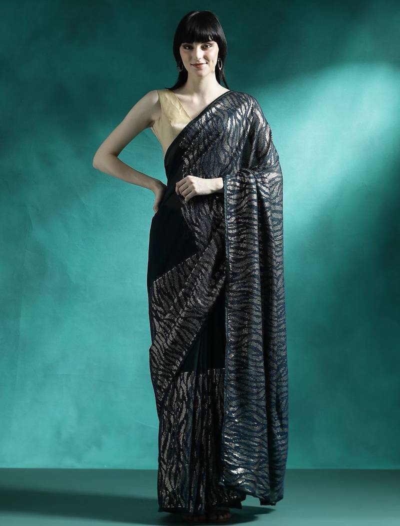 Teal embroidery saree with blouse piece