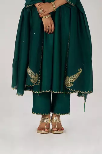 Emerald green raw silk festive kurta set