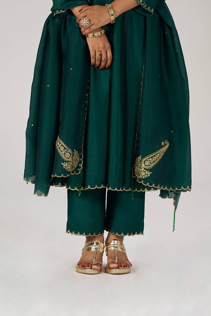 Emerald green raw silk festive kurta set