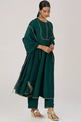 Emerald green raw silk festive kurta set