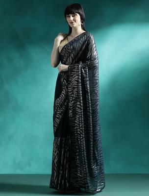 Teal embroidery saree with blouse piece 2