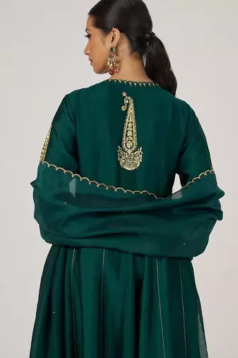 Emerald green raw silk festive kurta set