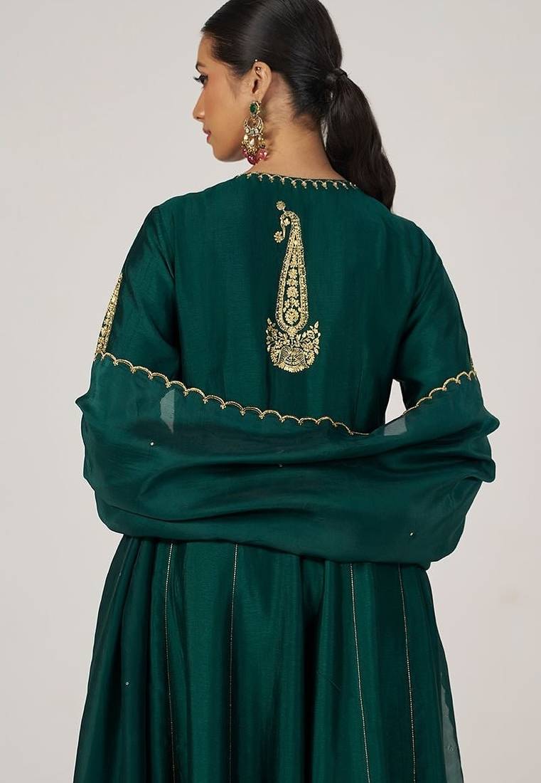 Emerald green raw silk festive kurta set