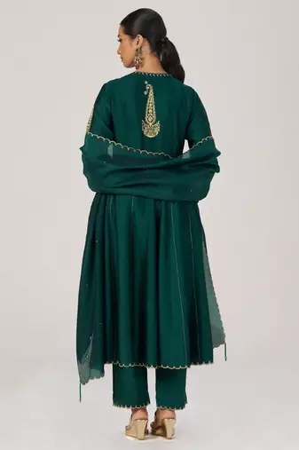 Emerald green raw silk festive kurta set
