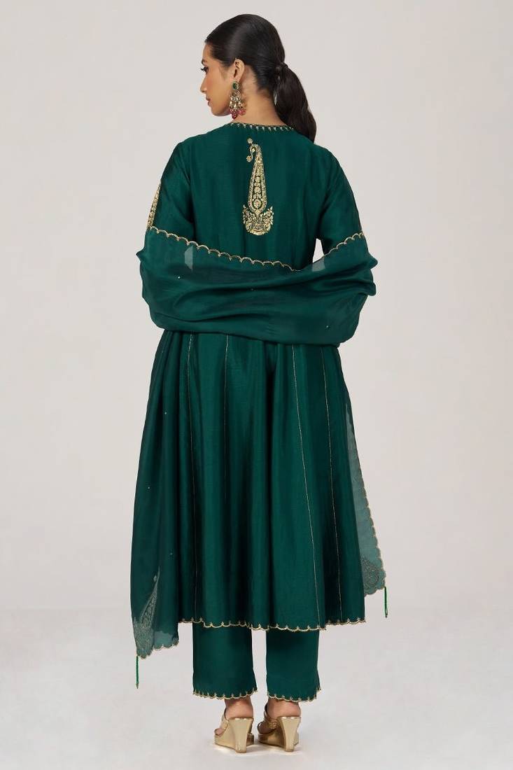 Emerald green raw silk festive kurta set