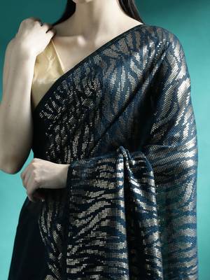 Teal embroidery saree with blouse piece 5