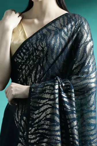 Teal embroidery saree with blouse piece