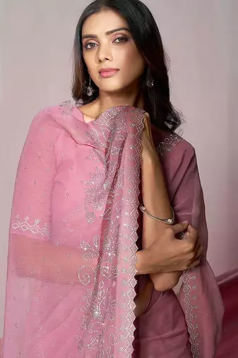 Pink embellished with beads and stones saree with blouse piece