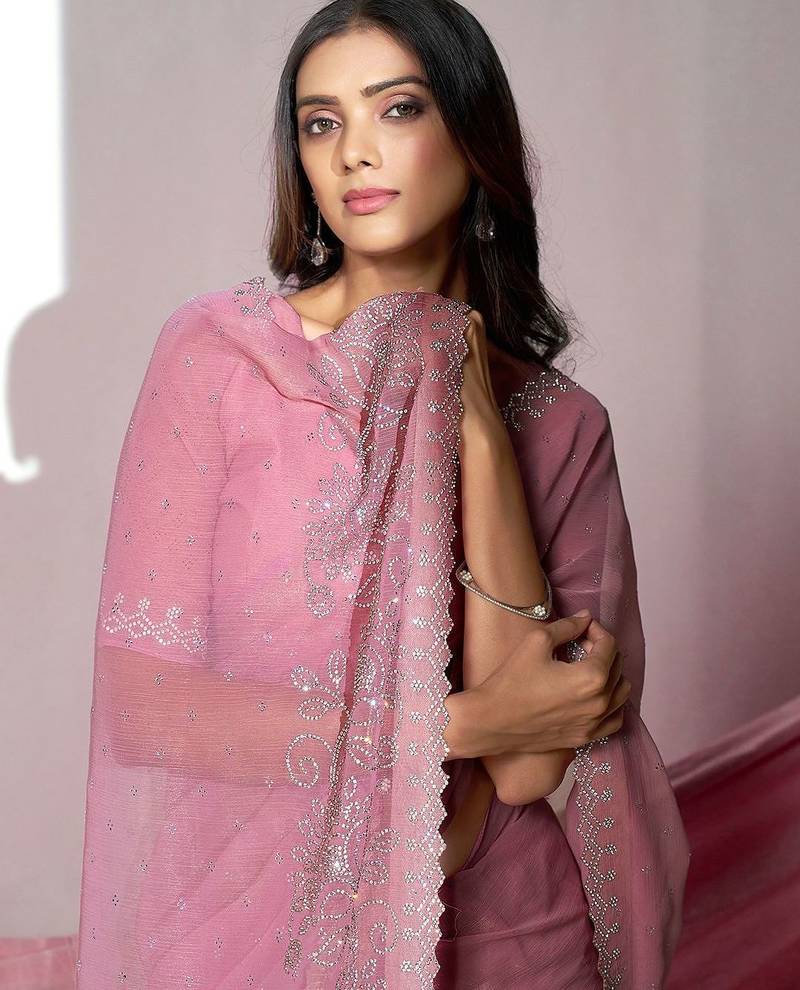 Pink embellished with beads and stones saree with blouse piece