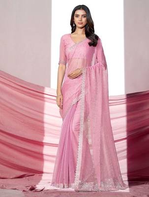 Pink embellished with beads and stones saree with blouse piece 2