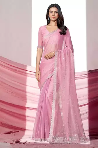 Pink embellished with beads and stones saree with blouse piece