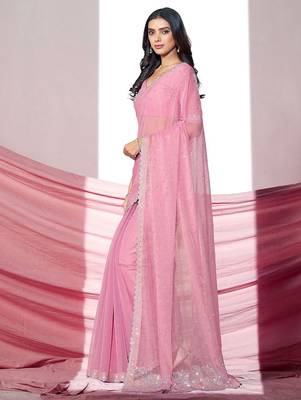 Pink embellished with beads and stones saree with blouse piece 3