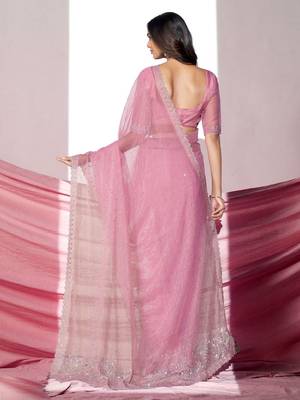 Pink embellished with beads and stones saree with blouse piece 4