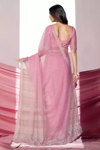 Pink embellished with beads and stones saree with blouse piece