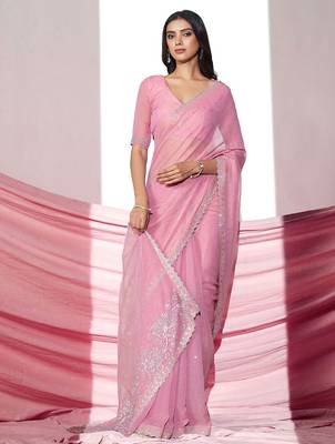 Pink embellished with beads and stones saree with blouse piece 5