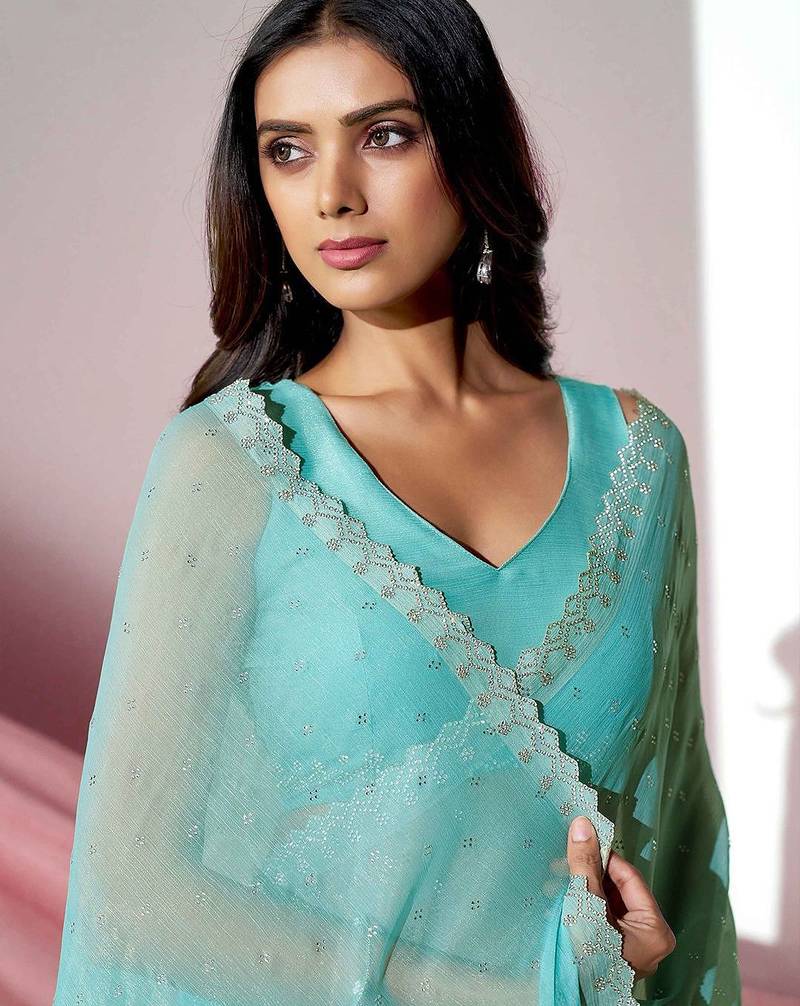 Sea green embellished shimmer saree with blouse piece
