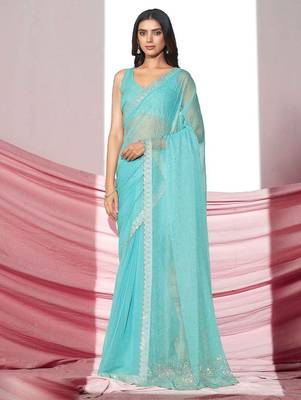 Sea green embellished shimmer saree with blouse piece 2