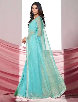 Sea green embellished shimmer saree with blouse piece 3