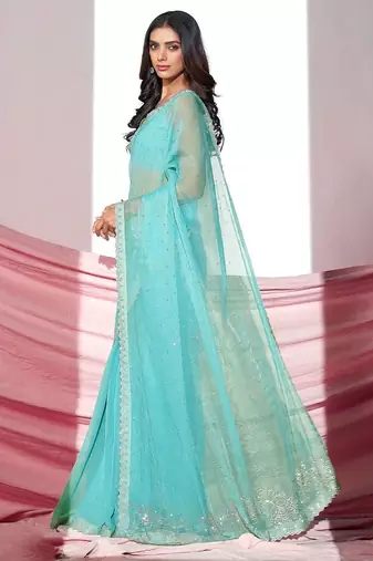Sea green embellished shimmer saree with blouse piece