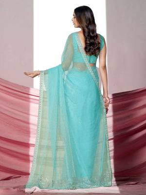 Sea green embellished shimmer saree with blouse piece 4