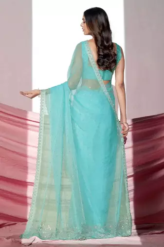Sea green embellished shimmer saree with blouse piece