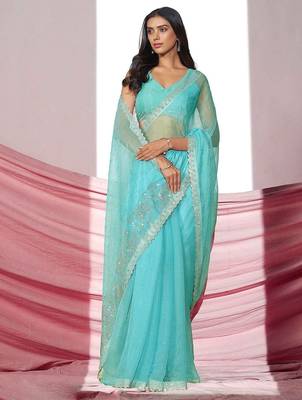 Sea green embellished shimmer saree with blouse piece 5