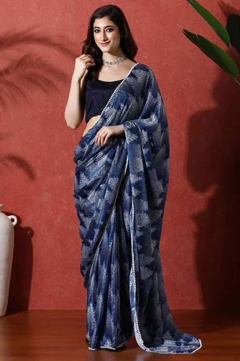 Blue ready to wear satin floral digital printed saree