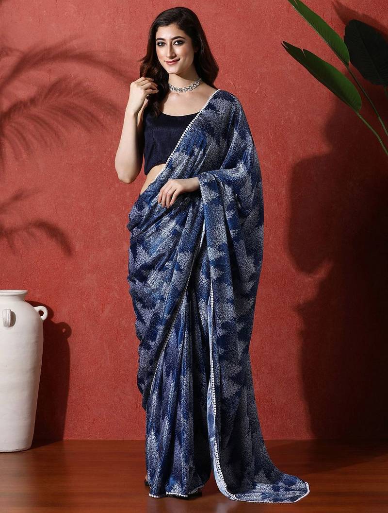 Blue ready to wear satin floral digital printed saree