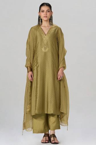 Khaki and gold foil printed festive kurta set