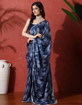 Blue ready to wear satin floral digital printed saree 2