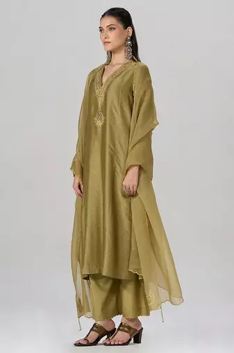 Khaki and gold foil printed festive kurta set