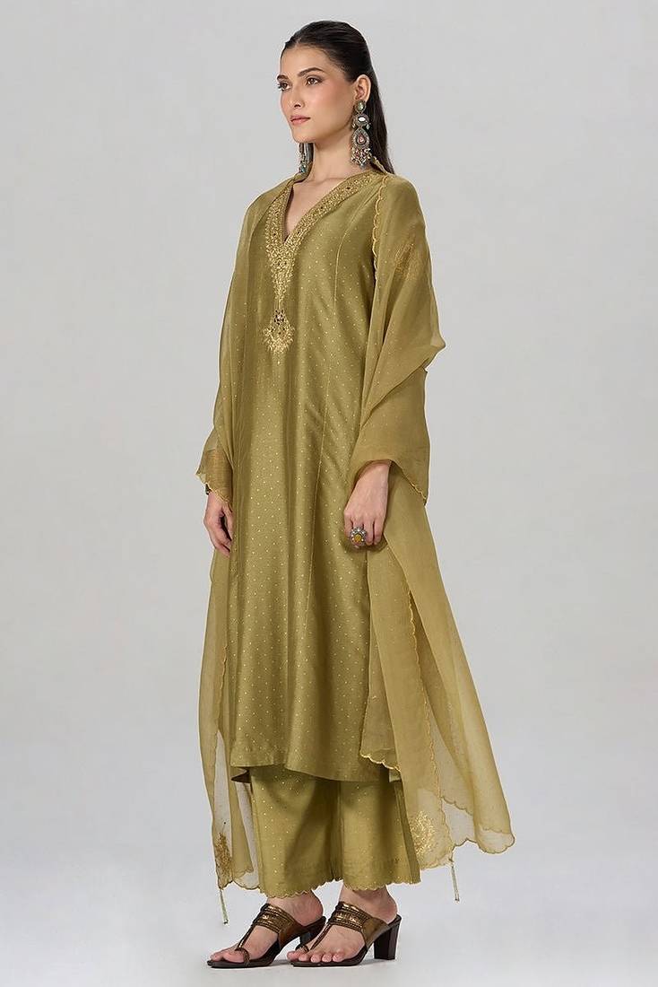 Khaki and gold foil printed festive kurta set