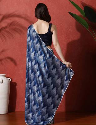 Blue ready to wear satin floral digital printed saree 3