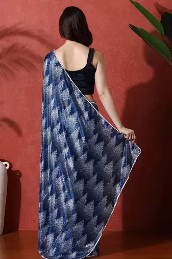 Blue ready to wear satin floral digital printed saree