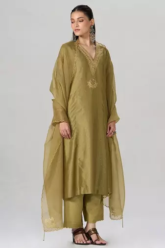 Khaki and gold foil printed festive kurta set
