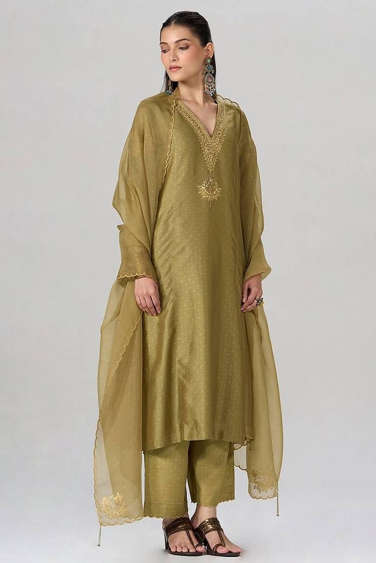 Khaki and gold foil printed festive kurta set