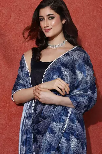 Blue ready to wear satin floral digital printed saree
